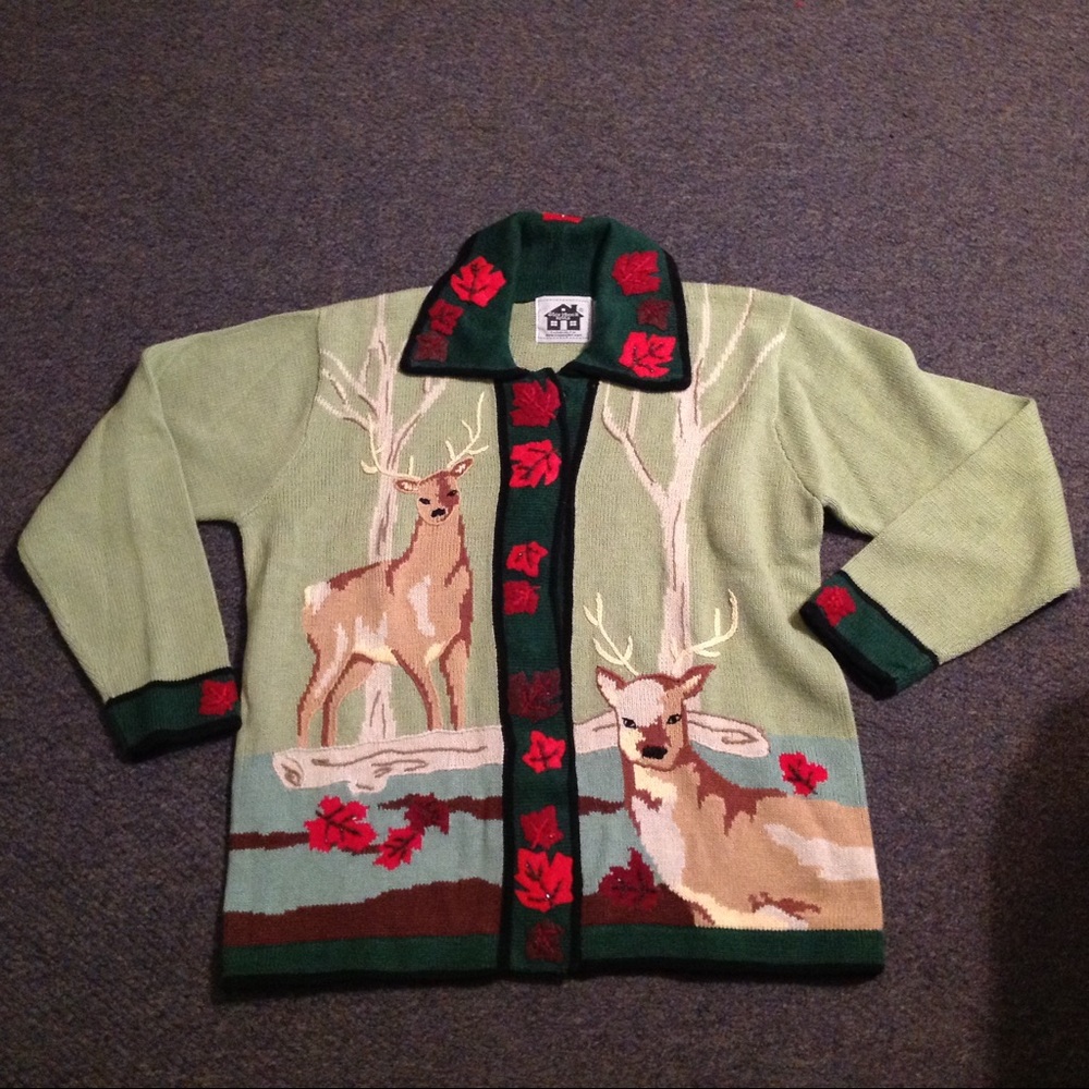 Storybook Knits Green Cardigan with Deer and Red Leaf Accents
